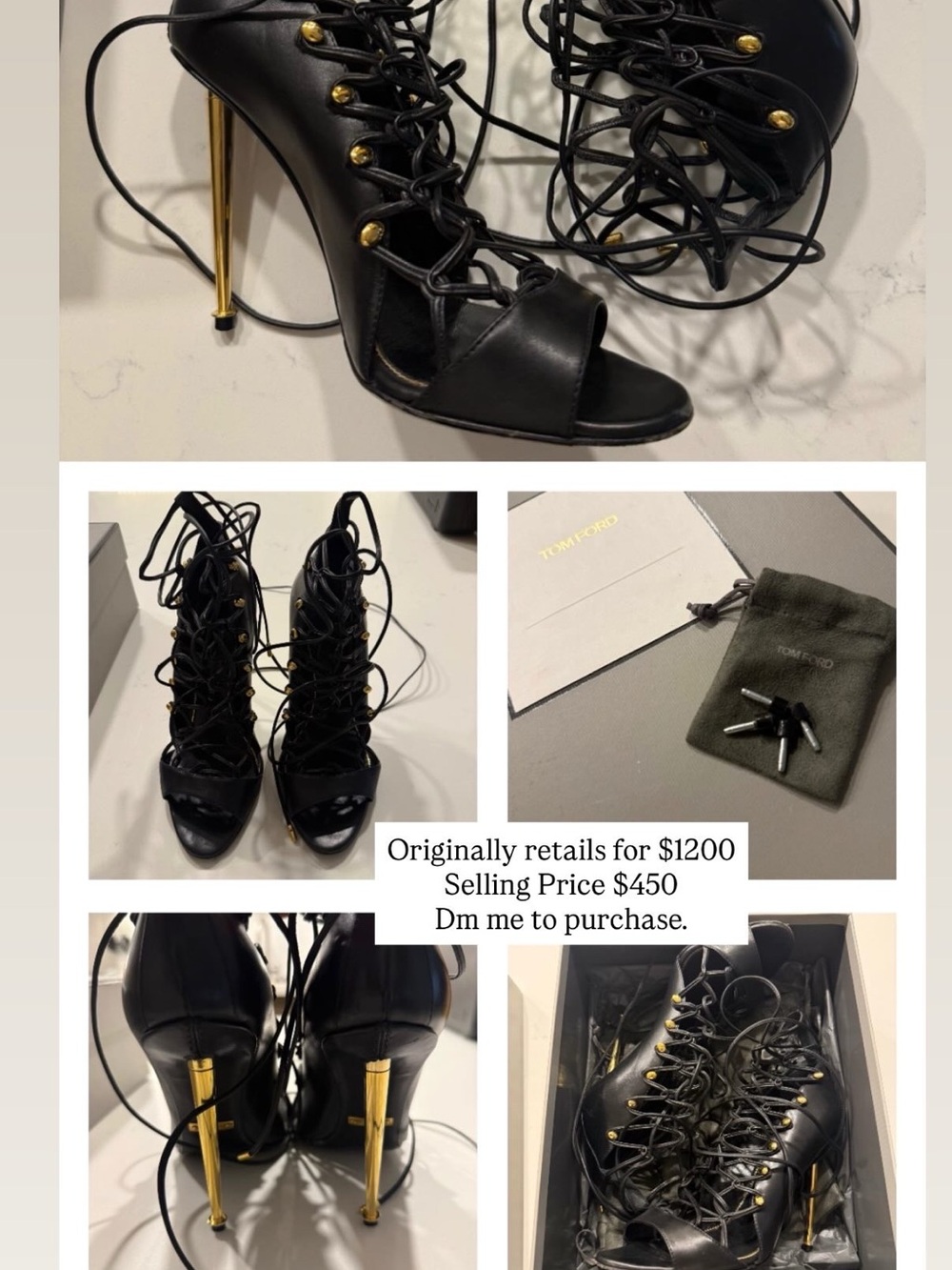 Tom Ford Black Leather Lace-Up Stiletto Sandals with Gold Heels